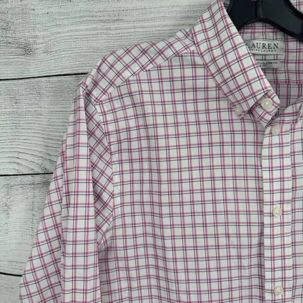 Lauren Ralph Lauren‎ Shirt Mens Med 15-34/35 Plaid Slim Fit Performance Stretch